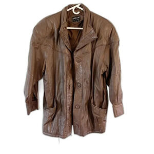 Vintage 80s Brown Womens Leather Jacket Blazer Oversized Quilted Button Festival